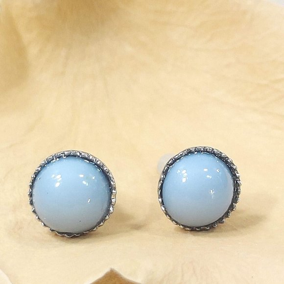 Silver Round Stud Earrings Blue Stone Vintage Jewelry Jewel Trinket Gift for Her - Picture 2 of 11